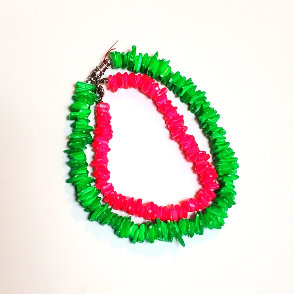 Colorful Neon Pink and Green Pukka Shell Bracelet and Anklet Set